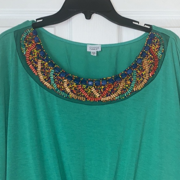Charming Charlie Teal Green Knit Top Beaded Neckline Hip Rouching Size Medium - Picture 3 of 12